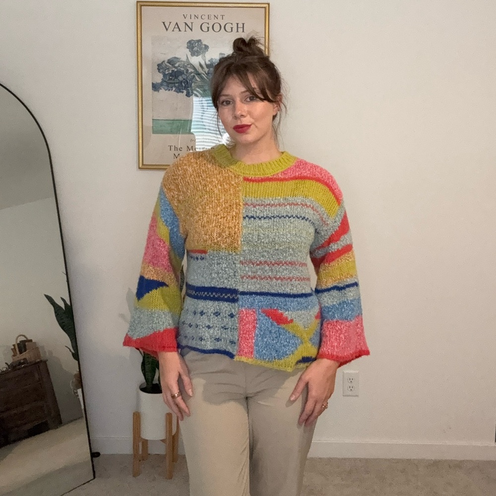 Aratta Color Block Knit Sweater Multicolor Patchwork Boho Pullover M